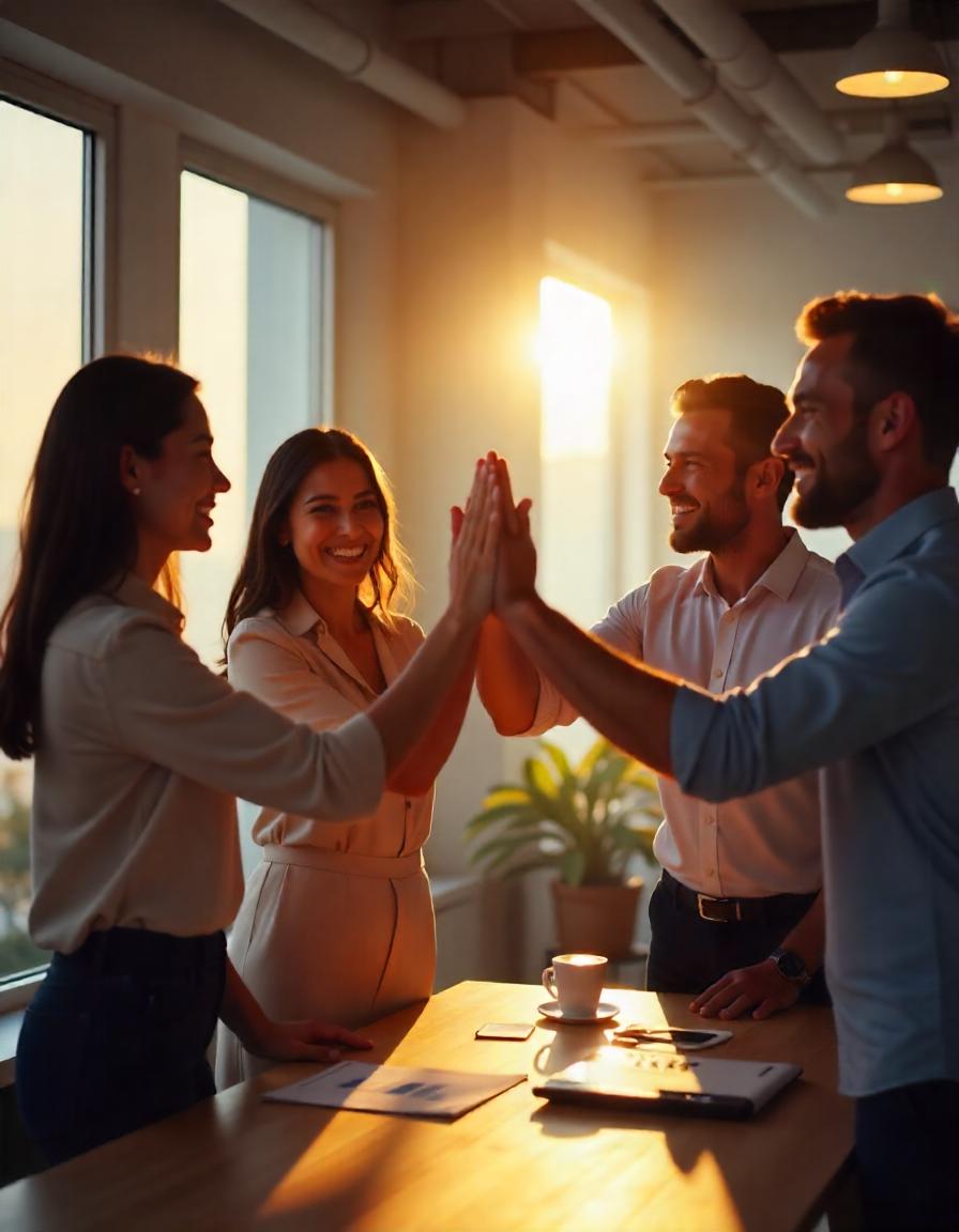 A happy business team celebrating success in a modern office, with digital tools and automation icons in the background.