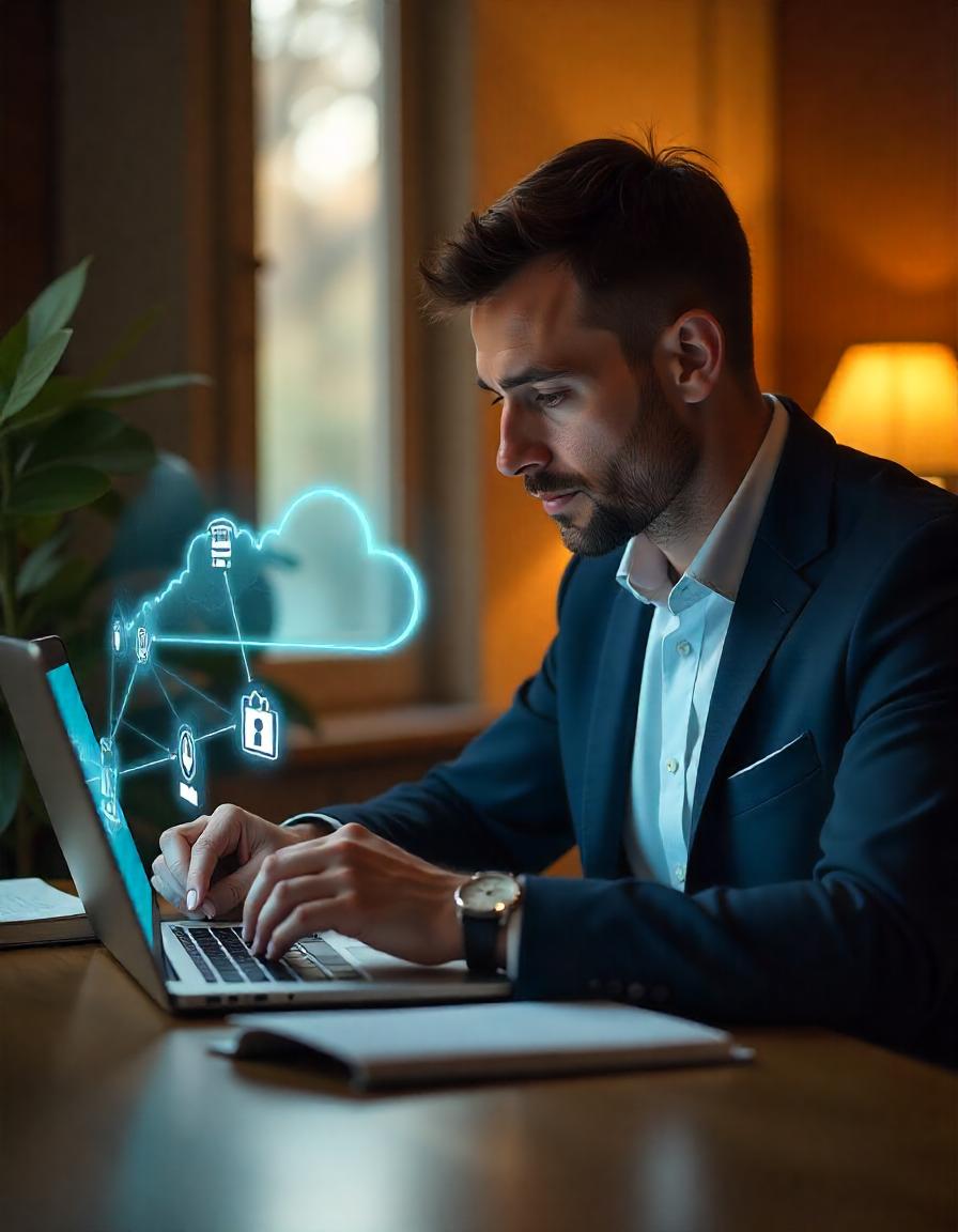 A business professional analyzing data challenges on a laptop, with icons like cloud storage and security shields indicating solutions